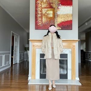 Pearl cream white mink fur coat with fox collar and trim